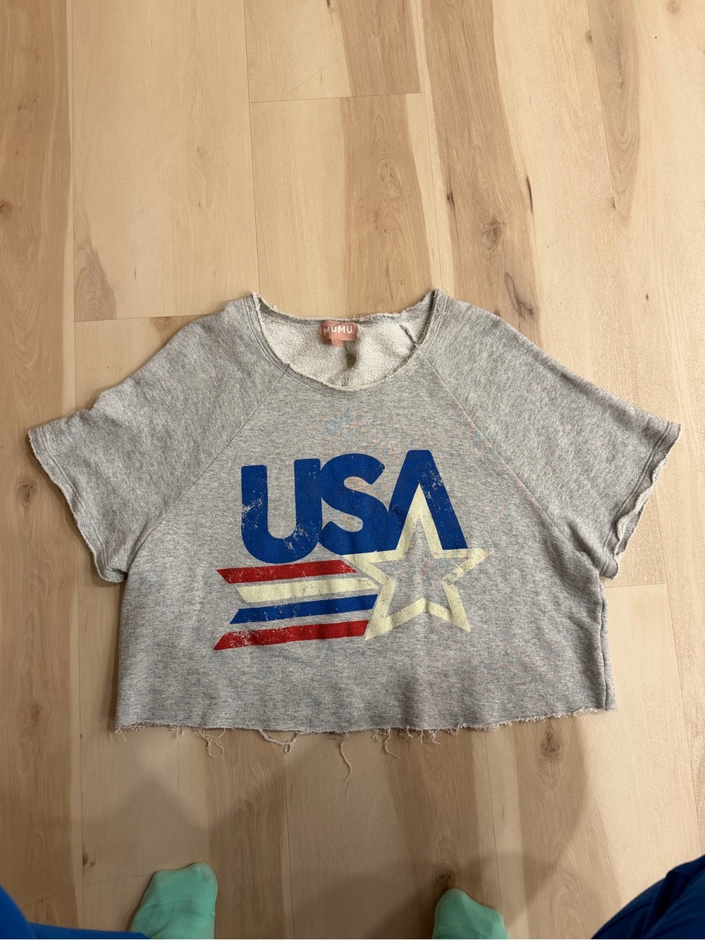 Show Me Your MuMu Gray USA Graphic Cropped Tee with Red, Blue & Cream Accents